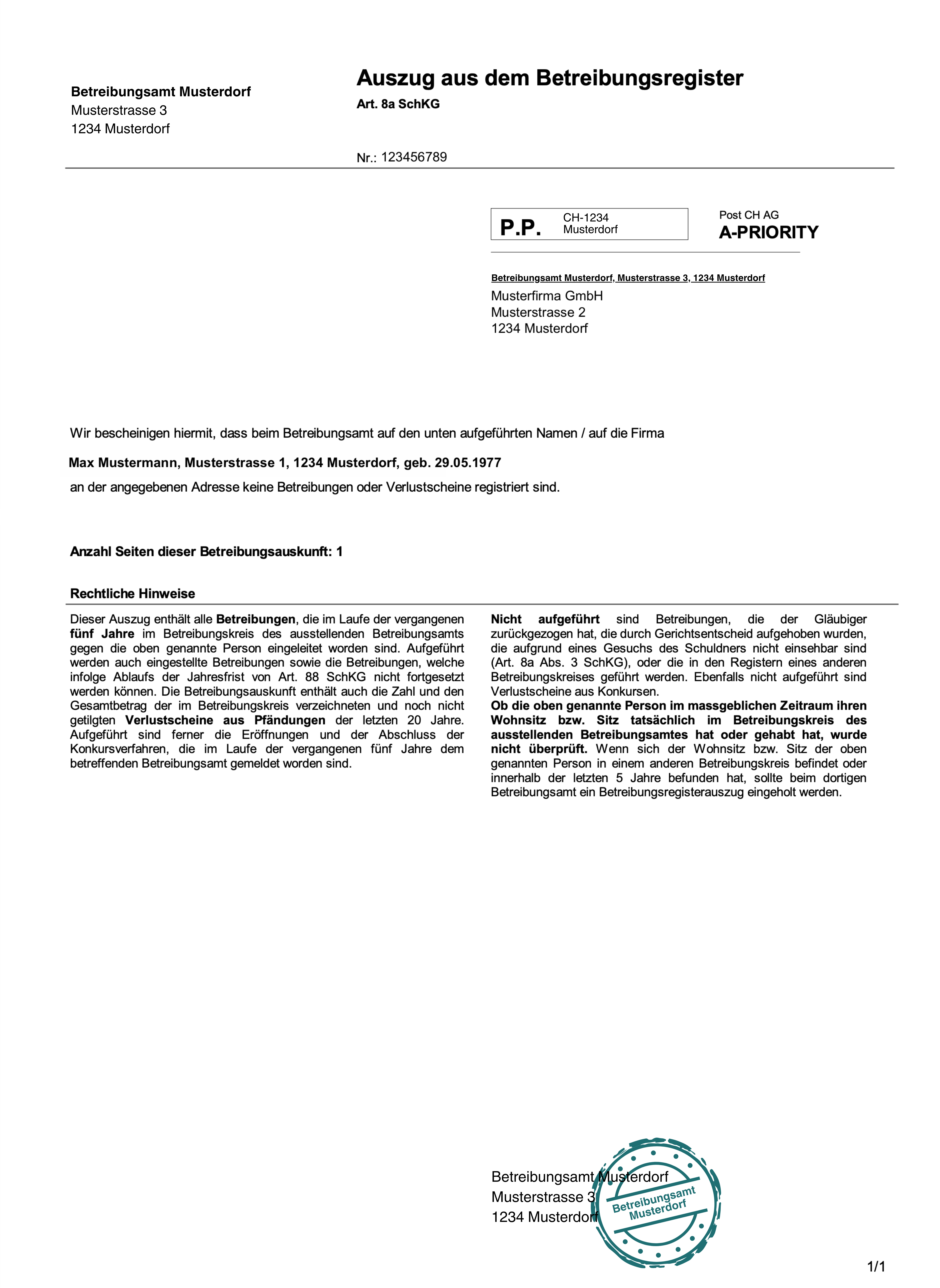 Muster eines offiziellen Betreibungsauszugs